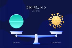 coronavirus ou illustration vectorielle de pilule médicale. concept créatif d'échelles et de versus, d'un côté de l'échelle se trouve un virus covid-19 et de l'autre icône de pilule. illustration vectorielle plane. vecteur