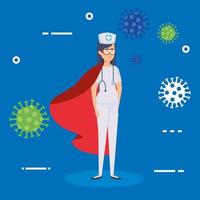 super infirmière avec cape d'héroïne et particules de coronavirus vecteur