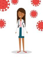 femme médecin avec des icônes de coronavirus vecteur