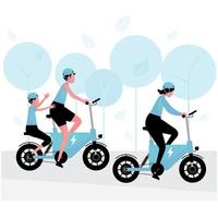 technologie d'énergie alternative ou verte mettant en vedette des personnes conduisant un vélo électrique en famille vecteur