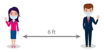 homme d'affaires mignon et femme d'affaires isolé et portant un masque à 6 pieds de distance vecteur
