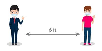 homme d & # 39; affaires mignon portant un masque avec une distance de 6 pieds et agitant un homme portant un t-shirt rouge vecteur