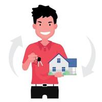 agent immobilier vendant la maison avec un homme debout et tenant une maison avec clé vecteur