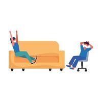 femme et homme avec masque sur canapé et chaise vector design