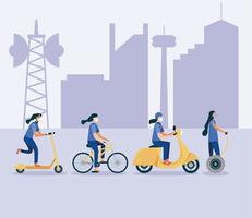 femmes avec des masques sur hoverboard scooter vélo et conception de vecteur de moto