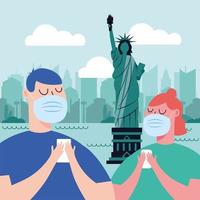 femme et homme avec masque à new york city vector design