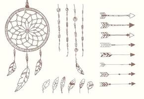 plumes amérindiennes dessinées à la main, capteur de rêves, perles et flèches vecteur
