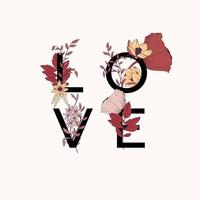 conception d'affiche de typographie de fleurs avec des éléments botaniques dessinés à la main et le mot d'amour vecteur