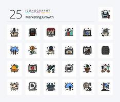pack d'icônes remplies de 25 lignes de croissance marketing, y compris la croissance. bas. comptes. homme d'affaire. boutique vecteur