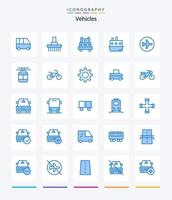 véhicules créatifs 25 pack d'icônes bleues telles que le trafic. auto. tracteur. bateau. le transport vecteur