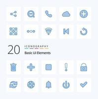20 éléments de base de l'interface utilisateur pack d'icônes de couleur bleue comme un signe de verrouillage signe une alerte d'avertissement vecteur