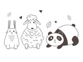 animaux mignons croquis faune dessin animé adorable panda mouton et lapin charmant vecteur