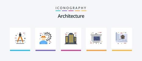 pack d'icônes d'architecture plate 5 comprenant la présentation de la propriété. architecte. la main d'oeuvre. construction. imeuble. conception d'icônes créatives vecteur