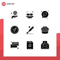 interface mobile glyphe solide ensemble de 9 pictogrammes d'éléments de conception vectoriels modifiables d'avion de lancement de chat papier balle vecteur