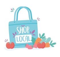 soutenir les entreprises locales, acheter un sac écologique de petit marché avec des fruits et légumes vecteur