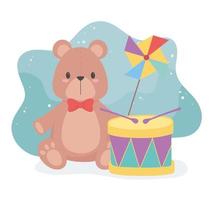 objet de jouets pour les petits enfants à jouer au tambour et au moulinet de nounours de dessin animé vecteur