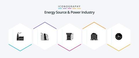 source d'énergie et pack d'icônes de 25 glyphes de l'industrie de l'énergie, y compris ampèremètre. la roue. de l'essence. construction. Chariot vecteur