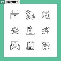 ensemble de pictogrammes de 9 contours simples d'éléments de conception vectoriels modifiables d'équilibre de juge web de justice juridique vecteur