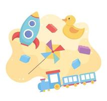 Objet de jouets pour les petits enfants à jouer au moulin à vent et au train de canard de dessin animé vecteur