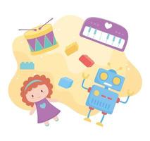 objet de jouets pour les petits enfants à jouer des blocs de piano à tambour de robot de poupée de dessin animé vecteur