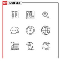aperçu de l'interface mobile ensemble de 9 pictogrammes d'interface ajouter des éléments de conception vectoriels modifiables de chat de message pan vecteur