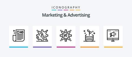 pack d'icônes de la ligne 5 de marketing et de publicité, y compris le contact. publicité. haut-parleur. promotion. panneau publicitaire. conception d'icônes créatives vecteur