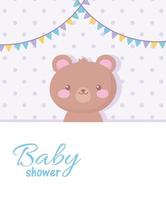 douche de bébé, décoration de fanions d'ours en peluche mignon, carte de fête de bienvenue nouveau-né vecteur