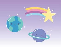 dessin animé planètes terre saturne et étoile filante avec arc en ciel
