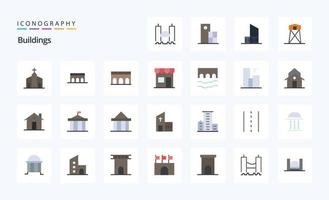 Pack d'icônes de couleur plate de 25 bâtiments vecteur