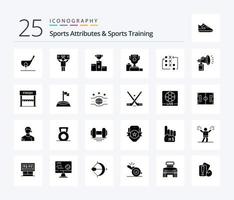 attributs sportifs et entraînement sportif pack de 25 icônes de glyphes solides, y compris tactique. bouge toi. Supporter. Jeu. Coupe vecteur