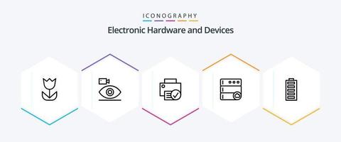 pack d'icônes de 25 lignes d'appareils, y compris la batterie. base de données. médias. nuage. gadget vecteur