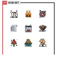 interface mobile ligne remplie couleur plate ensemble de 9 pictogrammes de liste de contrôle facture construction rapport cible éléments de conception vectoriels modifiables vecteur