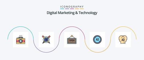 ligne de marketing numérique et de technologie remplie de 5 icônes à plat, y compris les connaissances. numérique. ouvrir. bloqueur de publicités. un d vecteur