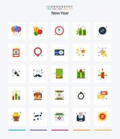 pack d'icônes plat créatif nouvel an 25 tel que multimédia. disque. compte à rebours. surprendre. ouvrir vecteur