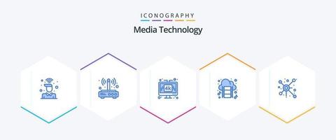 technologie multimédia 25 pack d'icônes bleues comprenant un film. nuage. lien. lcd. médias vecteur