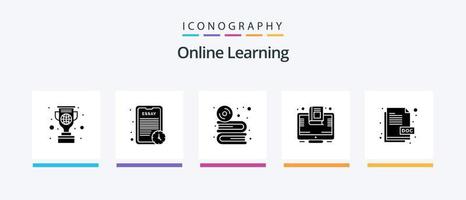 pack d'icônes de glyphe d'apprentissage en ligne 5, y compris en ligne. éducation. temps d'étude. livre. éducation. conception d'icônes créatives vecteur