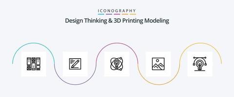 design thinking et d printing modeling line 5 pack d'icônes, y compris l'éducation. éducation. atome. image. Cadre vecteur