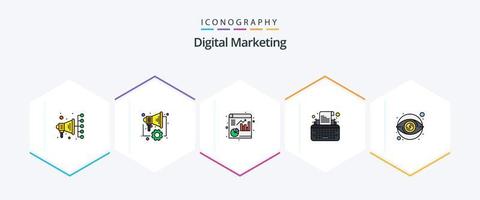 pack d'icônes de 25 lignes remplies de marketing numérique, y compris de l'argent. voir. dossier. œil. machine à écrire vecteur