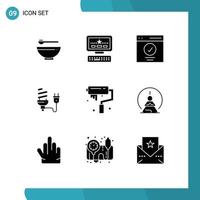 interface mobile glyphe solide ensemble de 9 pictogrammes d'éléments de conception vectoriels modifiables d'ampoule électrique d'interface d'énergie de prise vecteur