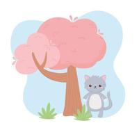 Animaux de dessin animé de buisson d'arbre à chat gris mignon dans un paysage naturel vecteur