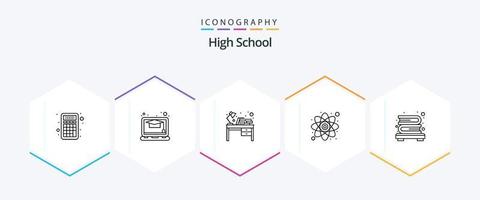 pack d'icônes de 25 lignes de lycée, y compris des livres. étudier. pupitre. recherche. atome vecteur