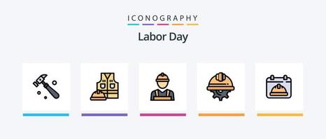 Pack de 5 icônes rempli de ligne de fête du travail, y compris la construction. outils manuels . casque de travail. casque. conception d'icônes créatives vecteur