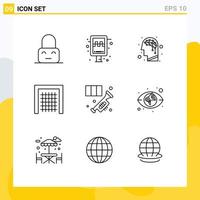 contour de l'interface mobile ensemble de 9 pictogrammes d'éléments de conception vectoriels modifiables d'objectif de sport artificiel en laiton d'instrument vecteur