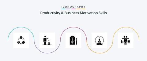 pack d'icônes glyphe 5 de compétences de productivité et de motivation commerciale, y compris la méditation. concentration mentale. recyclage. pense. stratégie vecteur