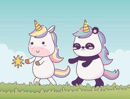 Licorne kawaii et panda dans l'herbe avec fantaisie magique de personnage de dessin animé étoile vecteur