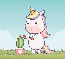 Licorne avec personnage de dessin animé de cactus en pot fantaisie magique vecteur