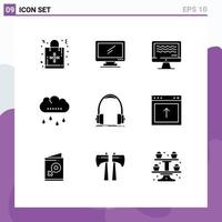 pack de 9 glyphes solides créatifs d'éléments de conception vectoriels éditables audio rainy pc rain vecteur