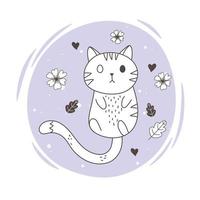 animaux mignons croquis faune dessin animé adorable petit chat fleurs feuilles vecteur