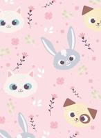 animaux mignons visages lapin chat chien fleurs fond floral decoraiton vecteur