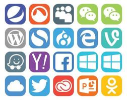 pack de 20 icônes de médias sociaux, y compris twitter windows drupal facebook yahoo vecteur